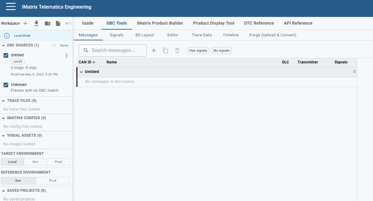iMatrix Telematics Engineering Workbench DBC Tools showing CAN and J1939 message decoding